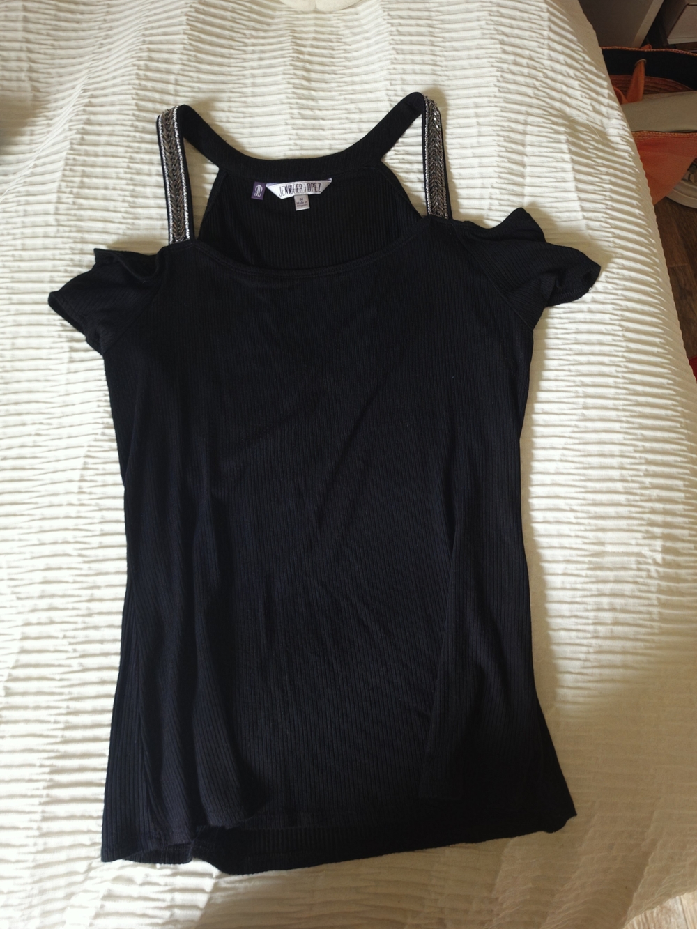 Jennifer Lopez Black Cold-Shoulder Tank with Embellished Straps Size Medium